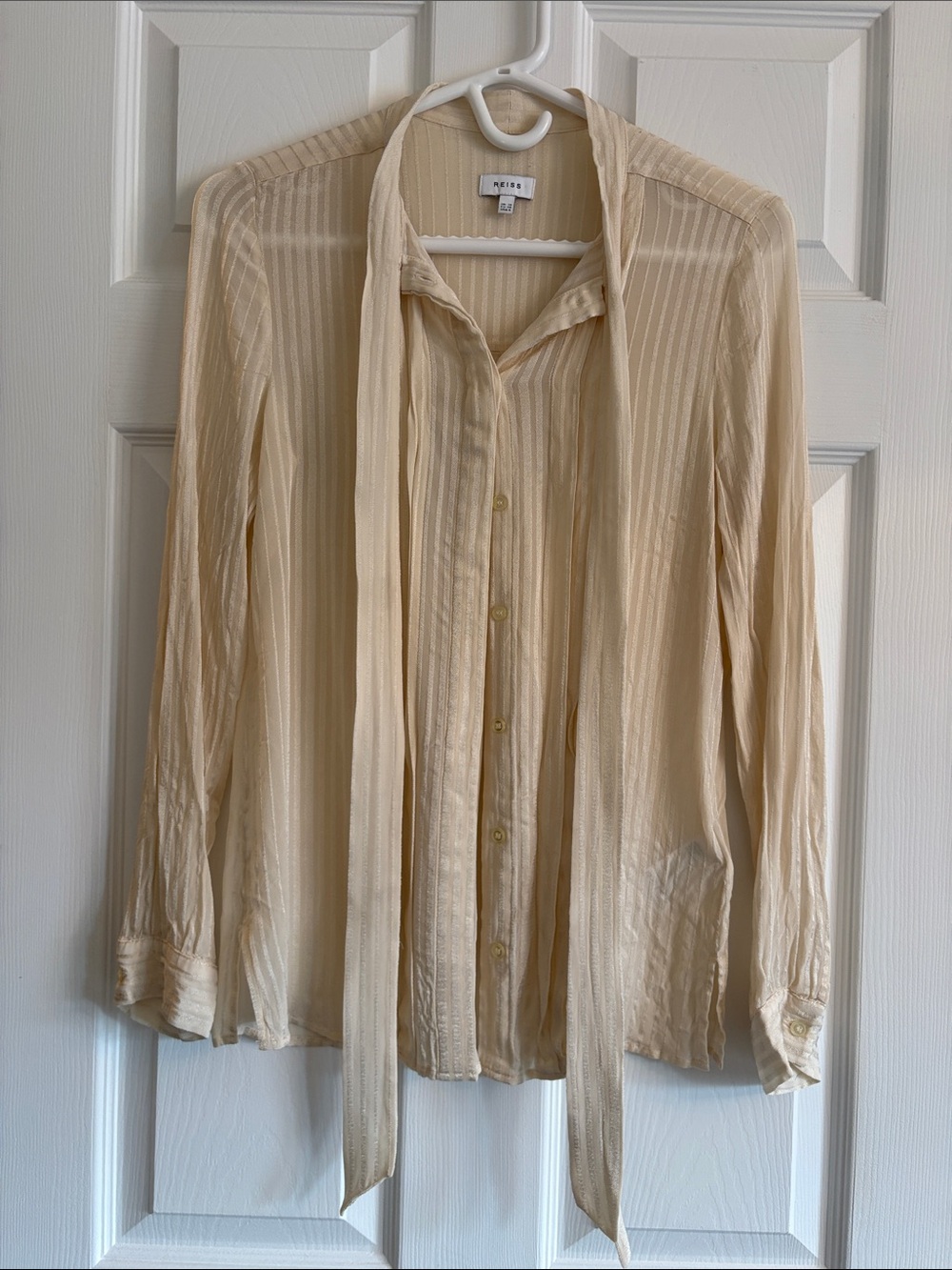 REISS Cream Vertical-Stripe Blouse with Tie Detail